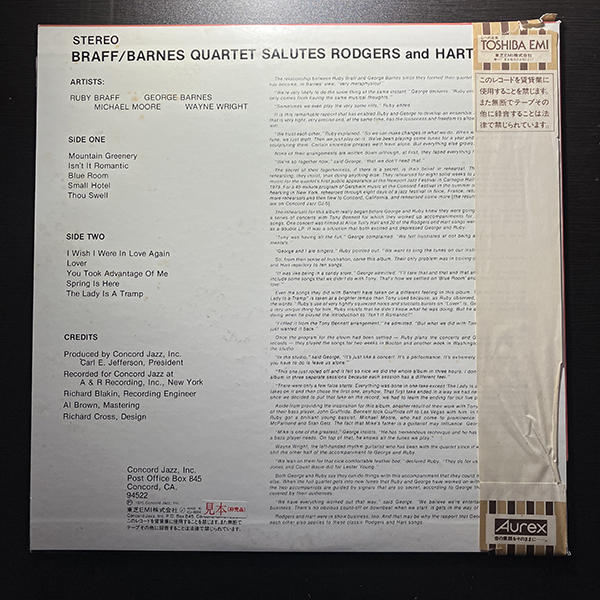 Ruby Braff・George Barnes Quartet / Braff/Barnes Quartet Salutes Rodgers And Hart [Concord Jazz ICJ-80242] 国内盤 見本盤 帯付_画像2