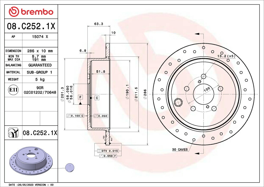 brembo ブレンボ エクストラブレーキローター リア用 エクシーガ YA4 H20.6～H22.4_画像3