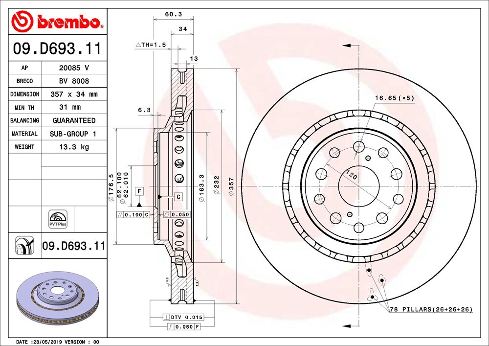 brembo ブレンボ ブレーキローター フロント用 レクサス LS460 USF40 H18.8～H21.9 バージョンS 19インチホイール・4POT 外径357mm×34_画像3