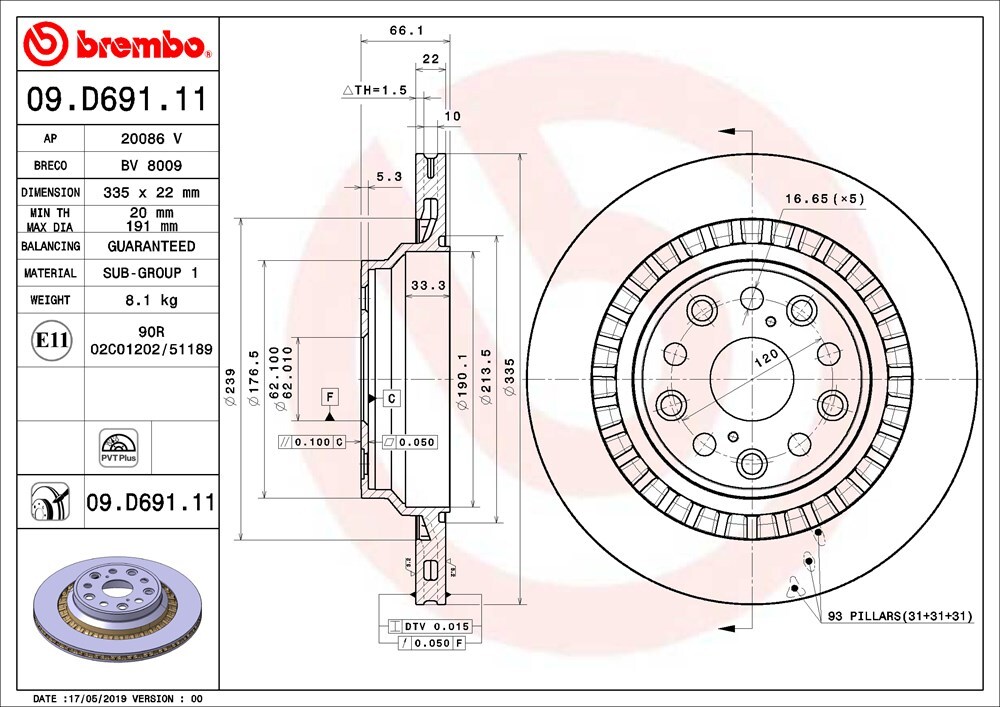 brembo ブレンボ ブレーキローター リア用 レクサス LS460 USF40 H18.8～H21.9 バージョンS 19インチホイール・4POT 外径335mm×22_画像3