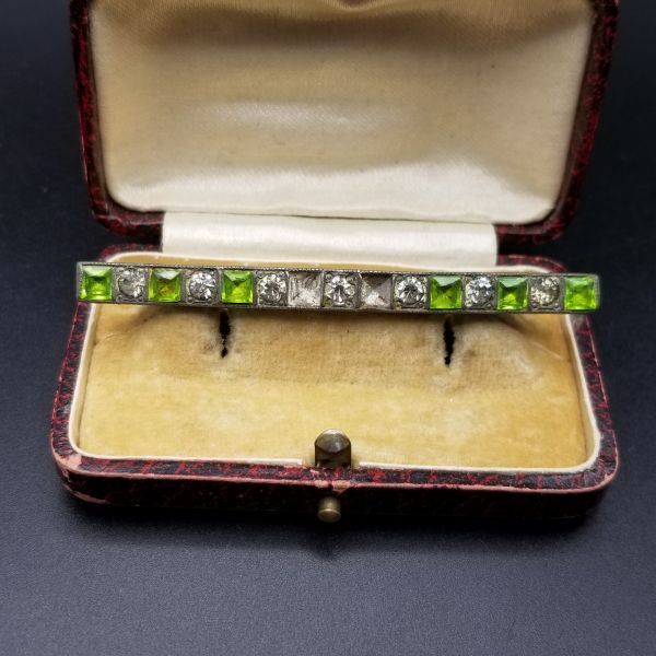 1920's Fishel & Sons, Henry W. Fishson Silverite アンティーク ブローチ バータイプ シルバートーン ラインストーン装飾 緑/クリア AJH