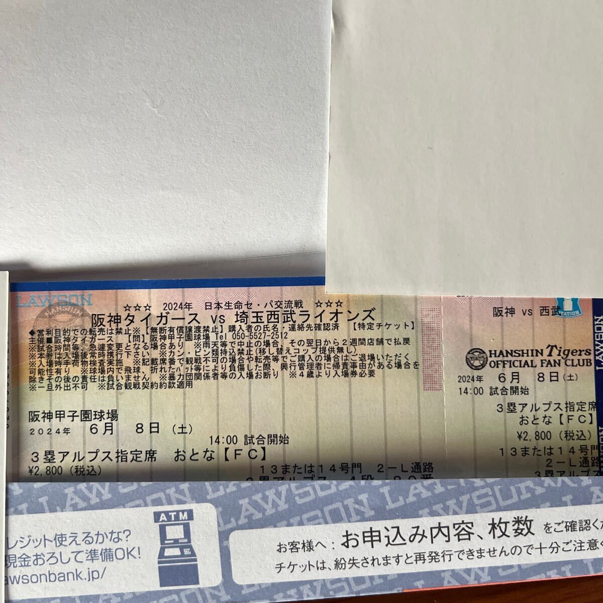 6月8日（土）阪神VS西武 3塁アルプス指定席 通路側1枚_画像1