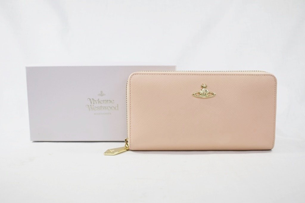 ◎ 中古美品 Vivienne Westwood ヴィヴィアンウエストウッド 長財布 ラウンドファスナー コーラルベージュ ピンク レザー レディース_画像1