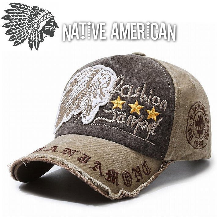 インディアン INDIAN NATIVE AMERICAN キャップ 帽子 野球帽 アウトドア メンズ ローキャップ 7987174 カーキ 新品 1円 スタート_画像1