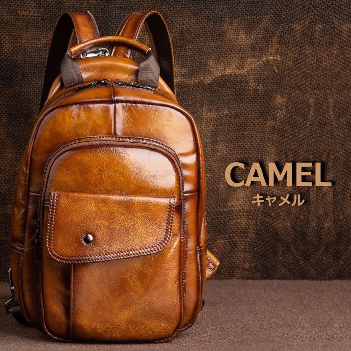  original leather oil leather body bag men's lady's real leather leather rucksack multifunction bag Father's day ipad 7987895 Camel new goods 1 jpy start 