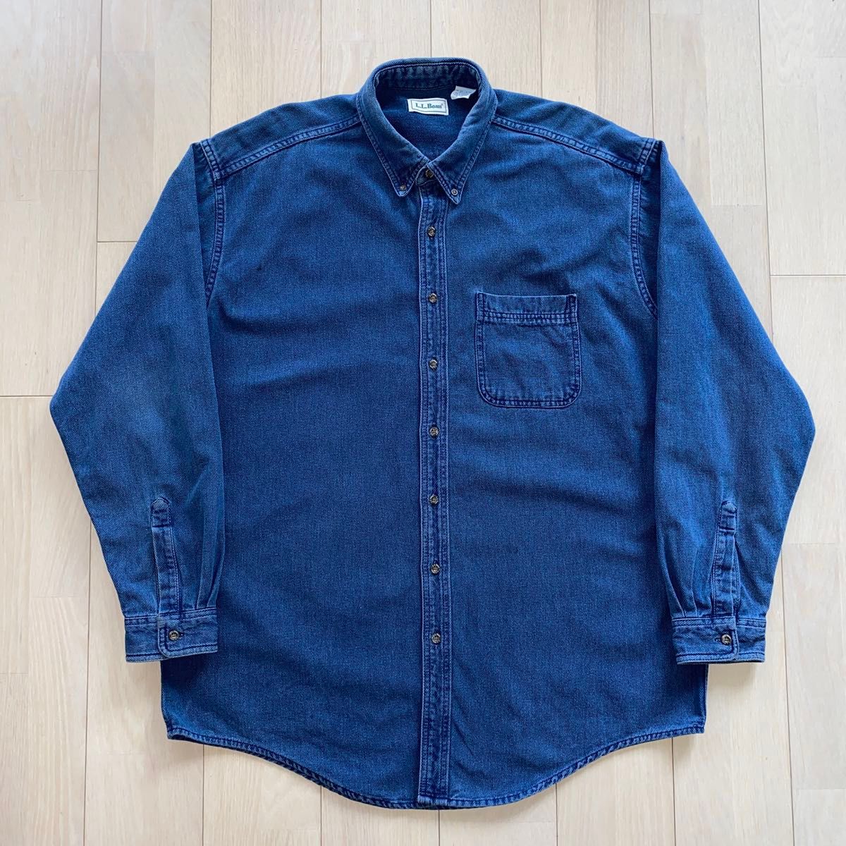 90's LLビーン LLBEAN インディゴ染め コットン ボタンダウンシャツ 長袖 (L) 藍色 90年代 旧タグ 90s L L Bean LLbean 刺し子 ボタンダウンシャツ インディゴ