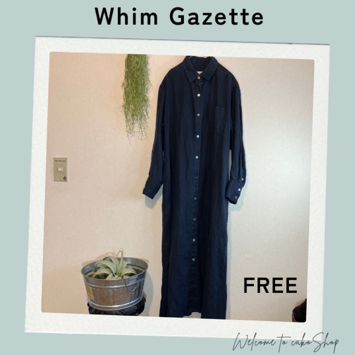 ウィムガゼット　Whim Gazette 　紺ネイビー　リネン　ロングワンピース 大人　リネン　麻　前ボタンワンピース　長袖