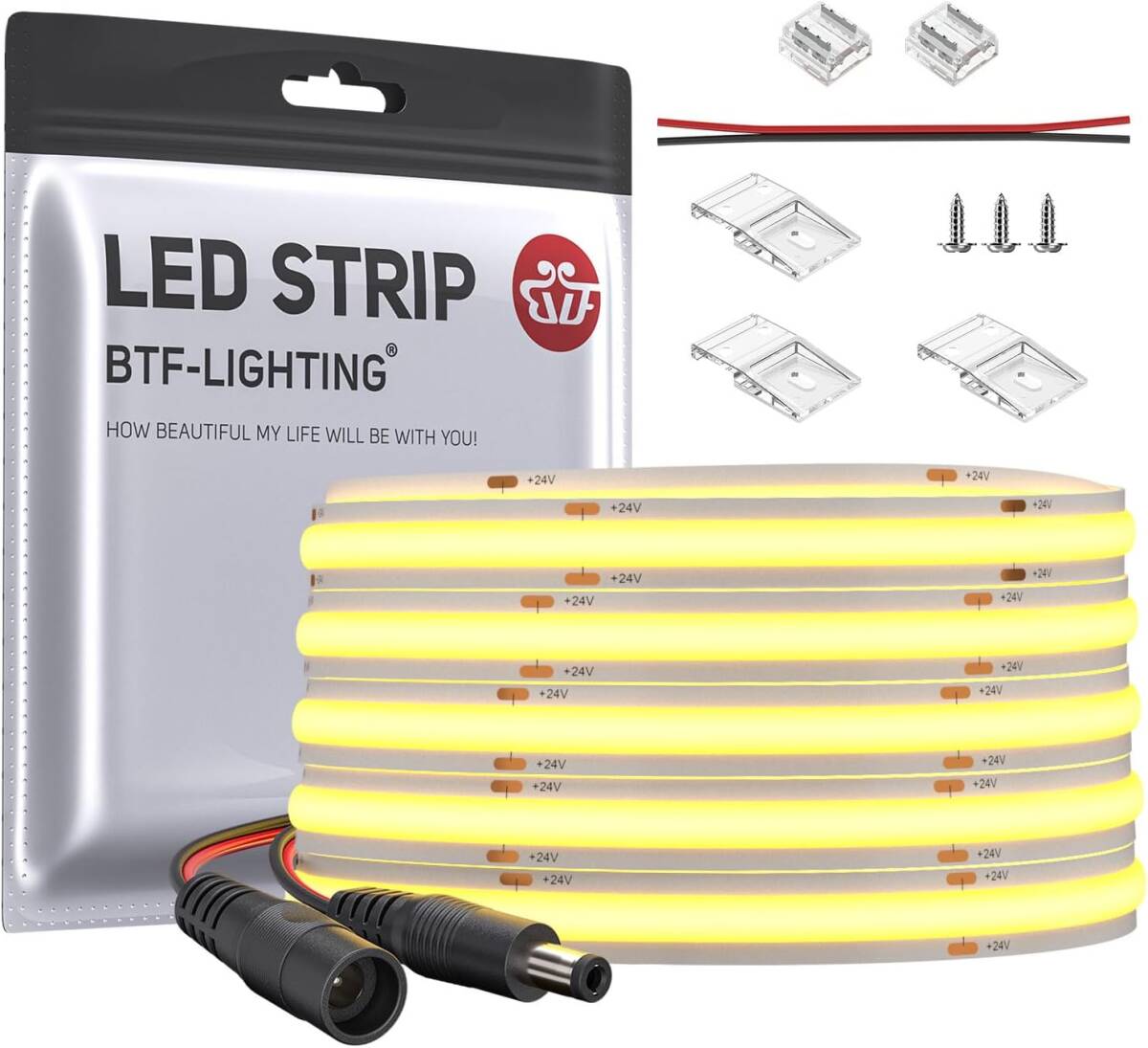 BTF-LIGHTING FCOB COB LEDテープライト 高密度 フレキシブル LEDテープライト 5M 480LEDs/m 2400LEDs/5m 電球色 2700K 幅8mm　２