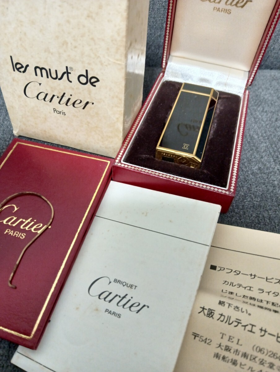 着火確認済 Cartier カルティエ ガスライター ロゴ ライター ゴールド ブラック ローラー 喫煙具 喫煙グッズ たばこ 箱 付属品 1円〜_画像1