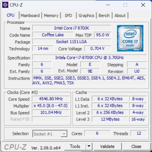 Intel Core i7-8700k 3.70GHz 動作確認済