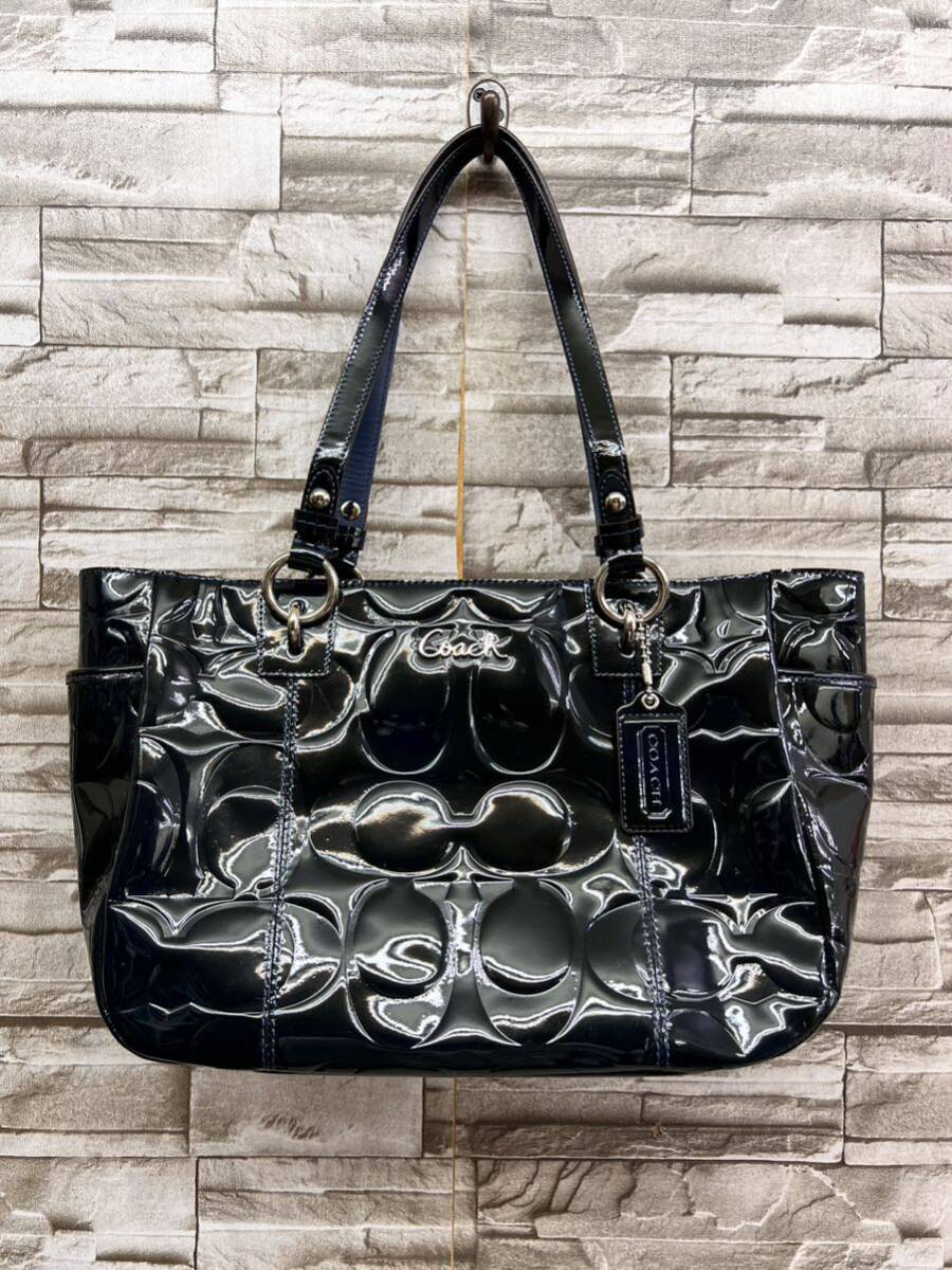 COACH コーチ ブルー エナメル トートバッグ シグネチャー ハンドバッグ_画像1