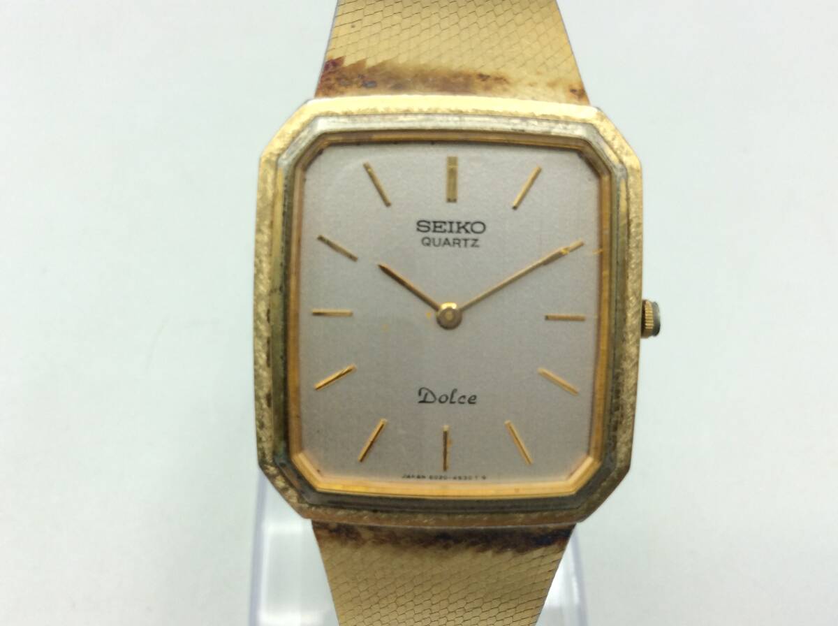 U35*[QZ/ immovable goods ]SEIKO Seiko DOLCE Dolce 2 hands square 6020-4060 quartz wristwatch belt genuine products Gold color present condition goods *