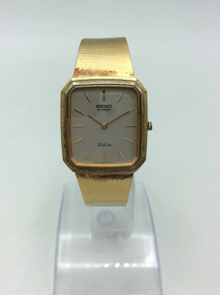 U35*[QZ/ immovable goods ]SEIKO Seiko DOLCE Dolce 2 hands square 6020-4060 quartz wristwatch belt genuine products Gold color present condition goods *