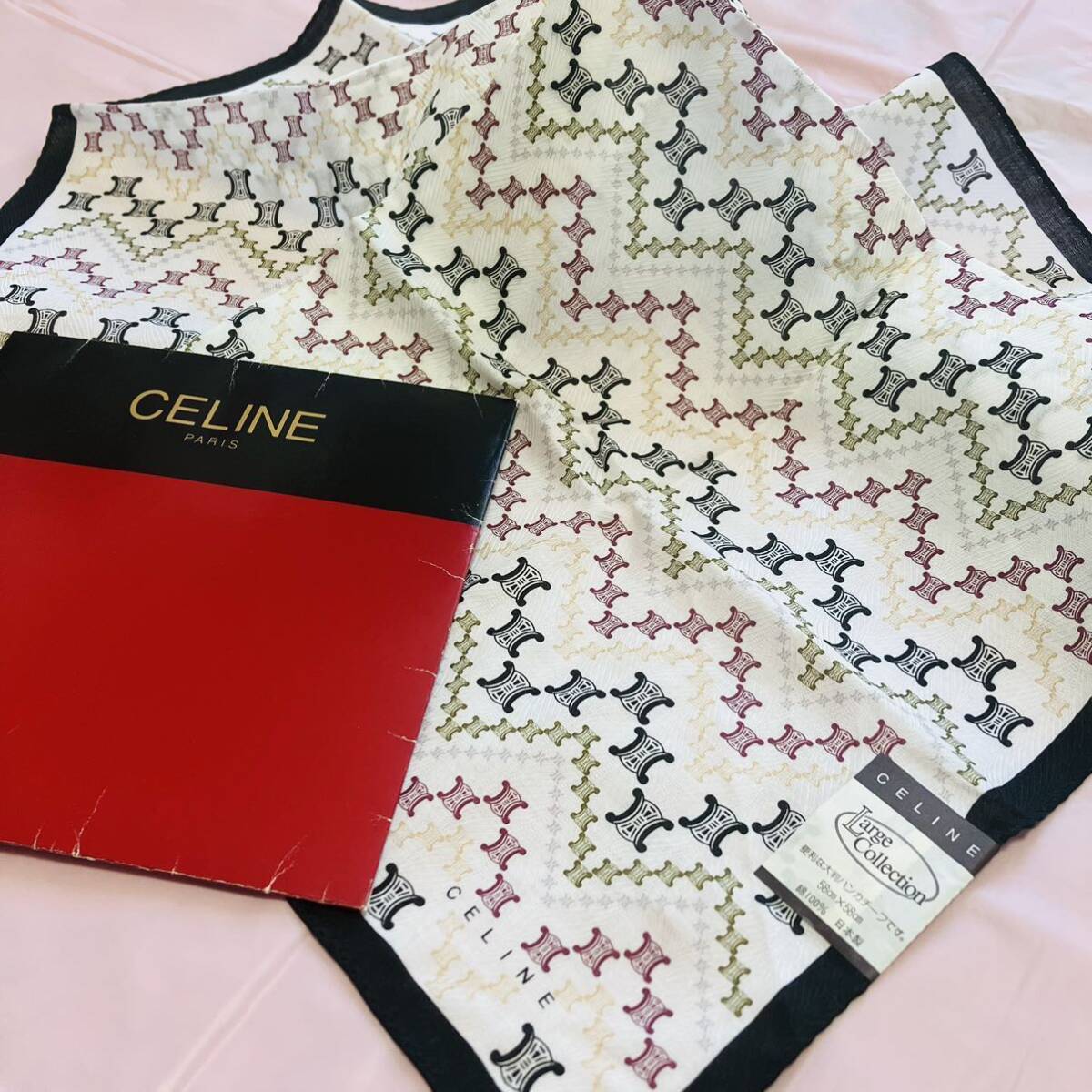 【レア】新品/CELINE/大判ハンカチ/正規品/セリーヌ/ハイ未使用ストール/ブランド/スカーフ/58cm/マカダム柄/綿100％/透かし柄/日本製/白_画像1