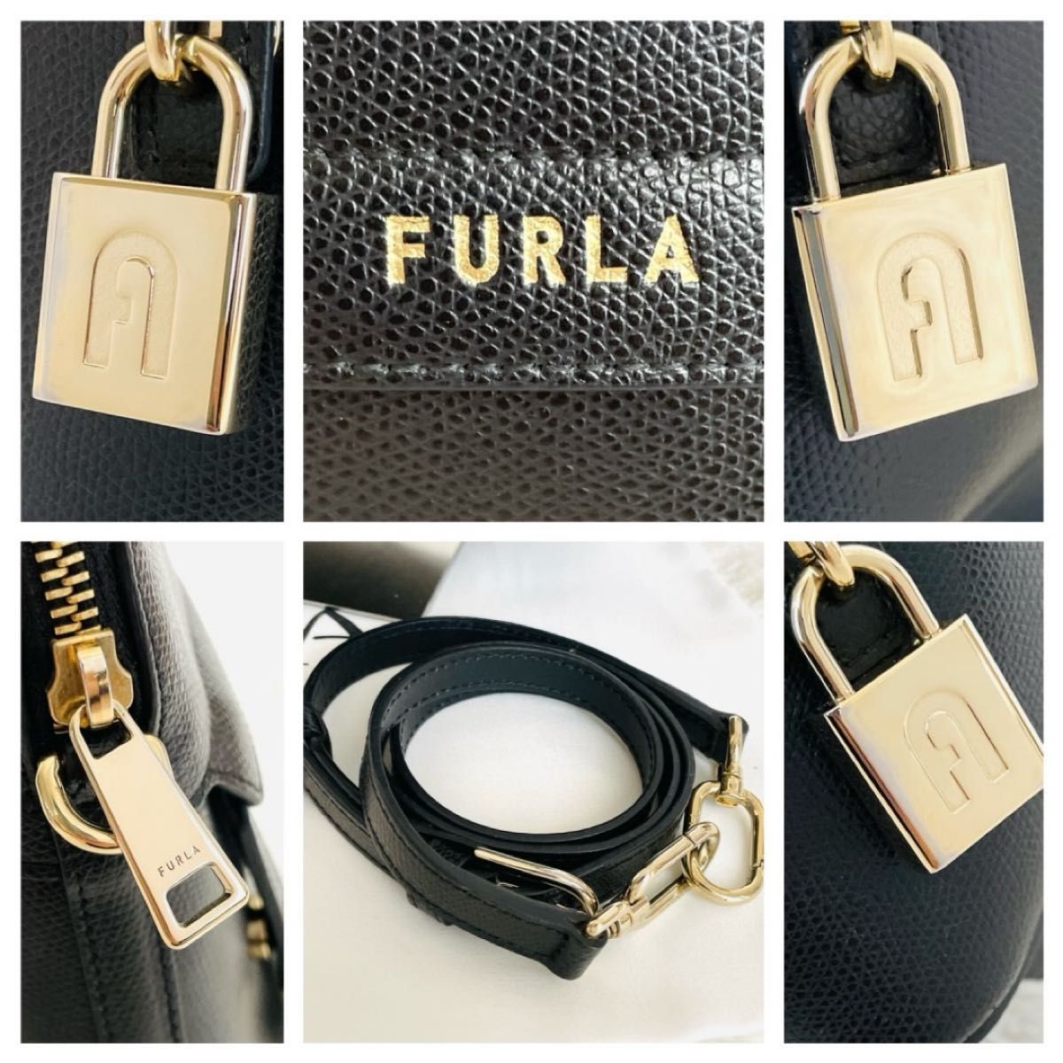 美品★FURLA フルラ 新型 パイパー 2WAY ショルダーバッグ ブラック S ハンドバッグ レザー ロゴ チャーム 南京錠