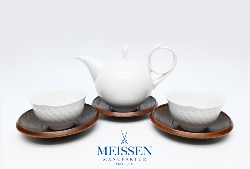 マイセン MEISSEN ■ 波の戯れホワイト ティーポット [29722 ] カップ [29620 ]2客 ■ 茶托 マイセン白磁器 ドイツ №9828■