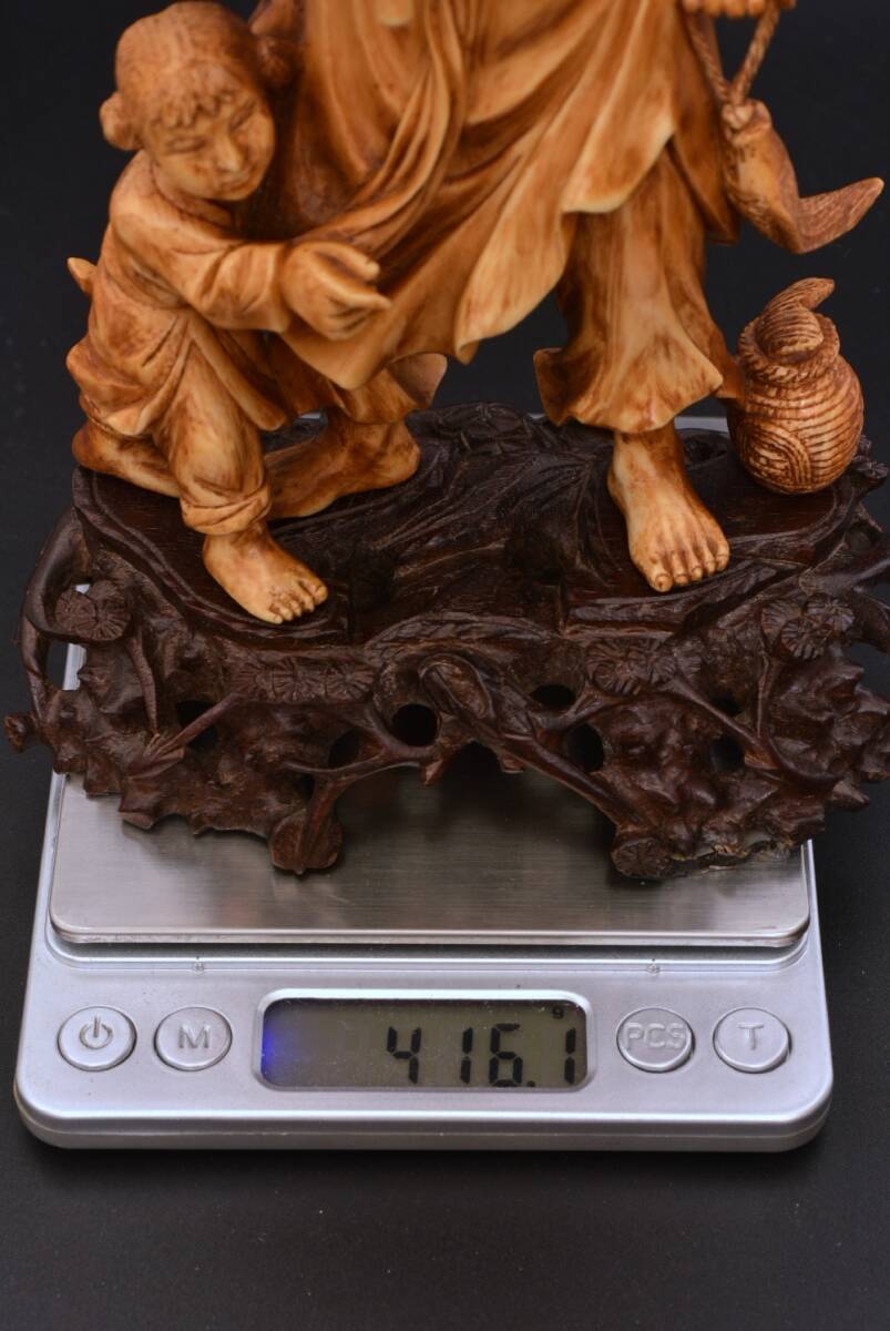 中国美術 彫刻 置物 釣り人と唐子 太公望 賢人 / マンモス 鯨歯風 象牙風 / 24.5cm / 416ｇ / 中国古玩 / 天然素材の画像10