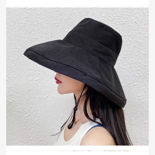 UVカット 帽子 紐付き ハット　ツバ広帽 ブラック　レディース　小顔　日除け 黒 紫外線対策 女性 つば広