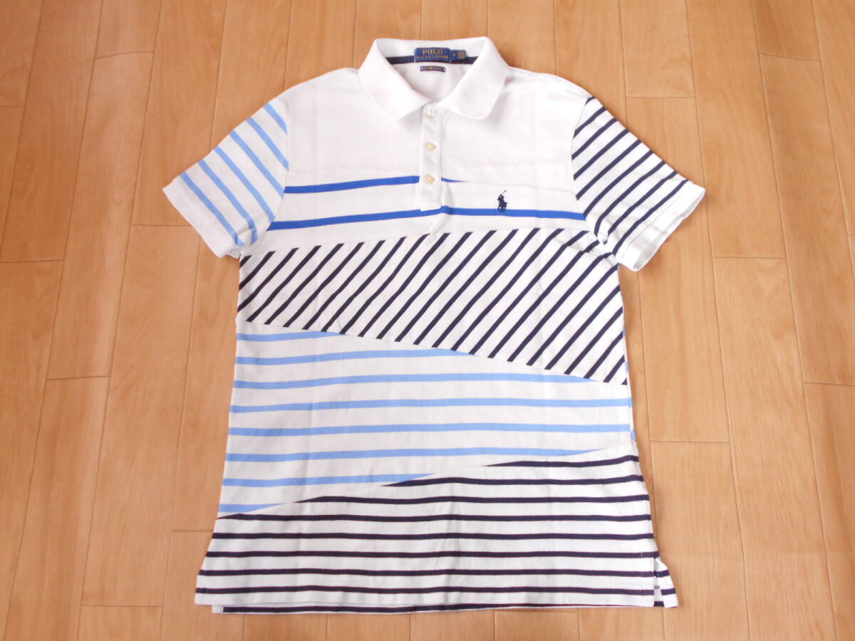 ☆POLO/ラルフローレンCUSTOM SLIM FIT　パッチワーク鹿の子半袖ポロシャツ　マリンボーダー柄 サイズM 切替クレイジーパターンストライプ_画像1