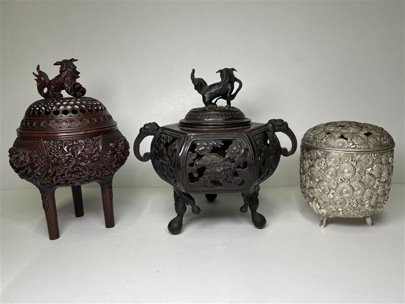 105 時代物 古銅 三足 香炉 3点 総重量2.3kg 宏采 銅製 香道具 茶道具 煎茶道具 中国美術 古玩の画像3