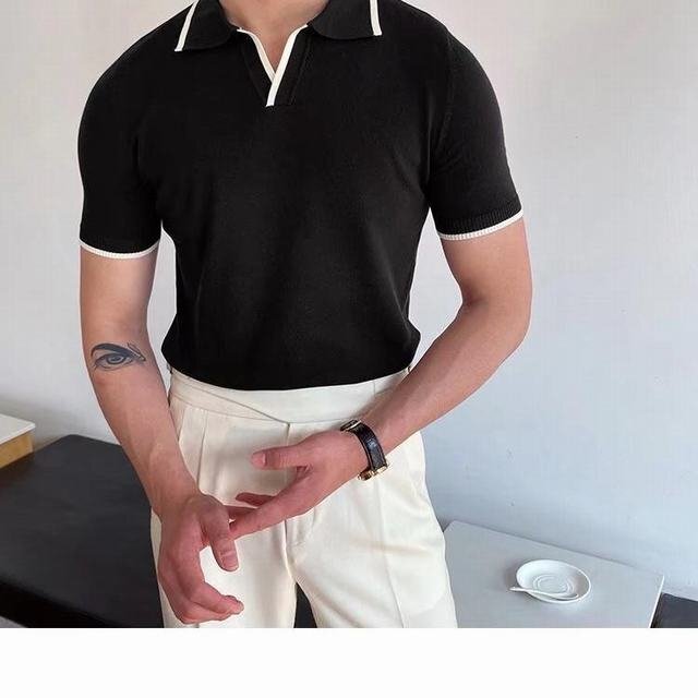 カットソー カジュアル 半袖Tシャツ サマーニット トップス メンズ サマーセーター ニットTシャツ ブラック 3XLサイズ_画像2