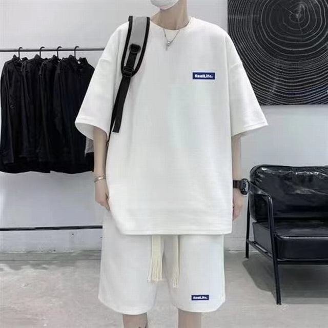 夏 カジュアル 半袖シャツ ショートパンツ 韓國ファッション セットアップ 上下セット メンズ ホワイト 2XL_画像2