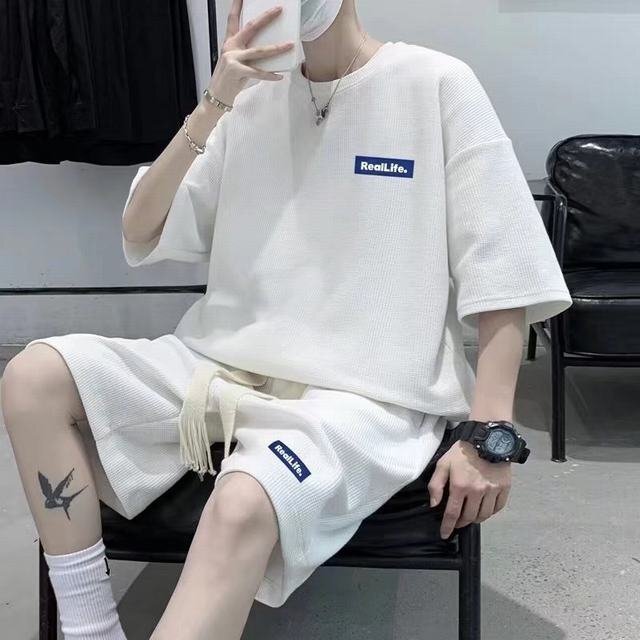 夏 カジュアル 半袖シャツ ショートパンツ 韓國ファッション セットアップ 上下セット メンズ ホワイト 2XL_画像1