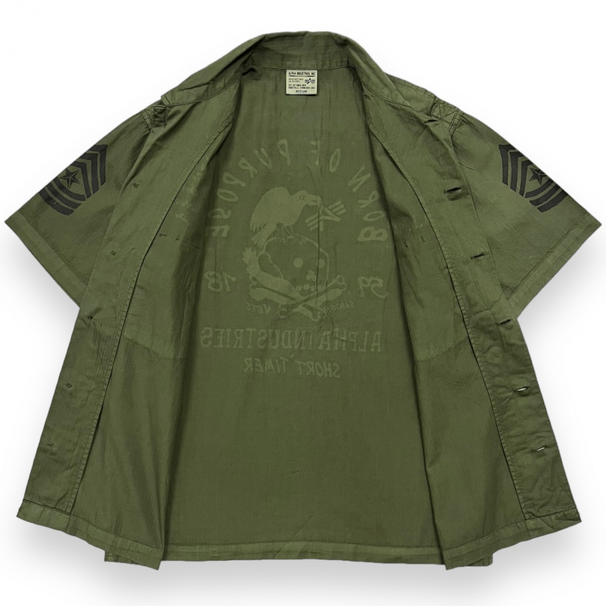 ALPHA INDUSTRIES アルファ インダストリーズ 半袖 プリント ミリタリー シャツ S/S バックプリント エポレット 軍物 古着 M カーキ_画像3