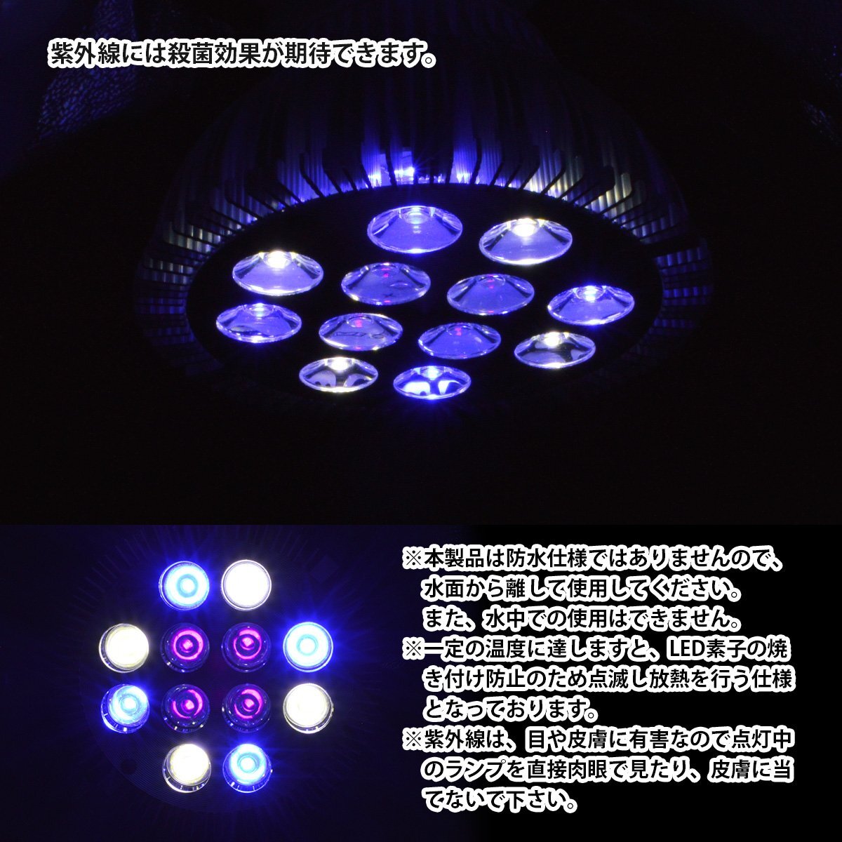 [青4/白4/紫外線4] 24W(2W×12) 電球 E26 口金 水槽 用 照明 植物育成 スポット ライト 12LED アクアリウム 電球 水草_画像4