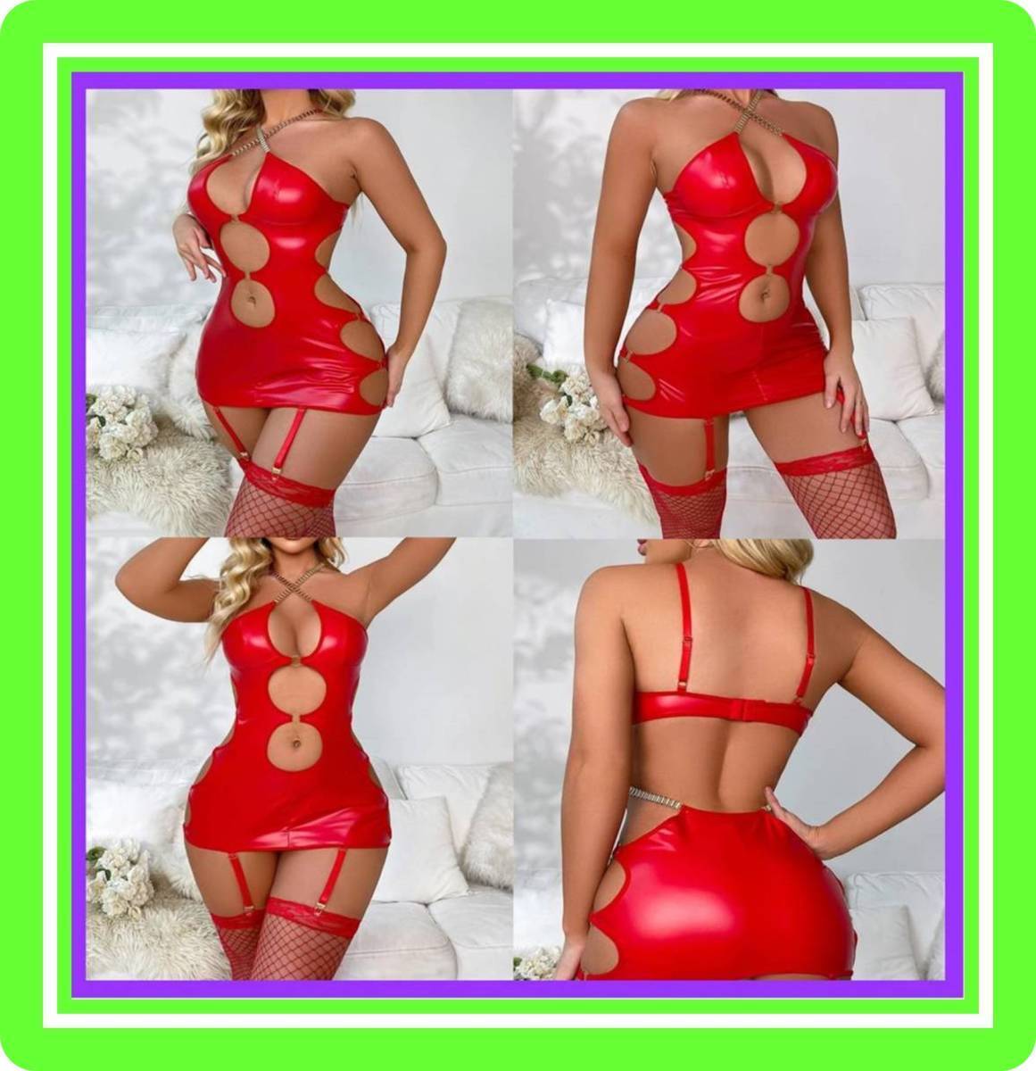 ♥超素敵★レッドボディコン風コスチューム★光沢レッド★フェイクレザー★ゴールドチェーン★ストッキング付♥H144