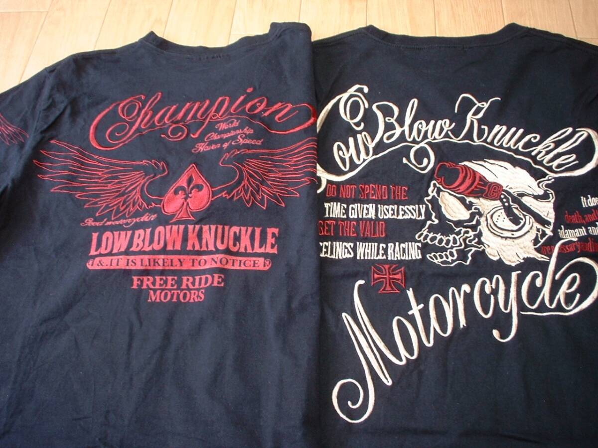 即戦力2着セットLOW BLOW KNUCKLE刺繍デコレーションTシャツ美品L-XL正規ローブローナックルバイカースカルSKULLロカビリースカジャン黒_画像6