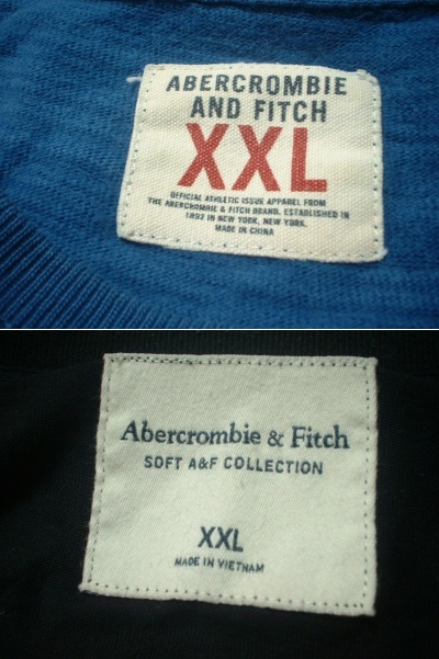 即戦力2着セット高級Abercrombie & Fitch大人気ワッペンロゴTシャツXXLインディゴ染め&ブラック正規アバクロンビー&フィッチ2XL藍染め_画像2