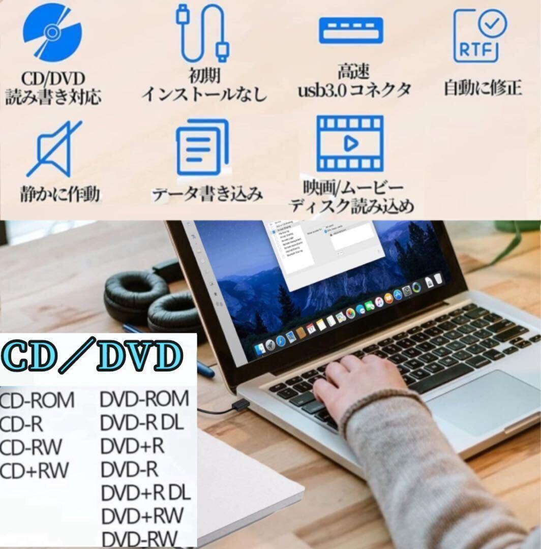 CD／DVD書込&読込 外付けDVD・CDドライブポータブルドライブ DVD/CDプレイヤー typeC/USB3.0超高速転送〜Windows11/Linux/Macに対応 new新の画像4