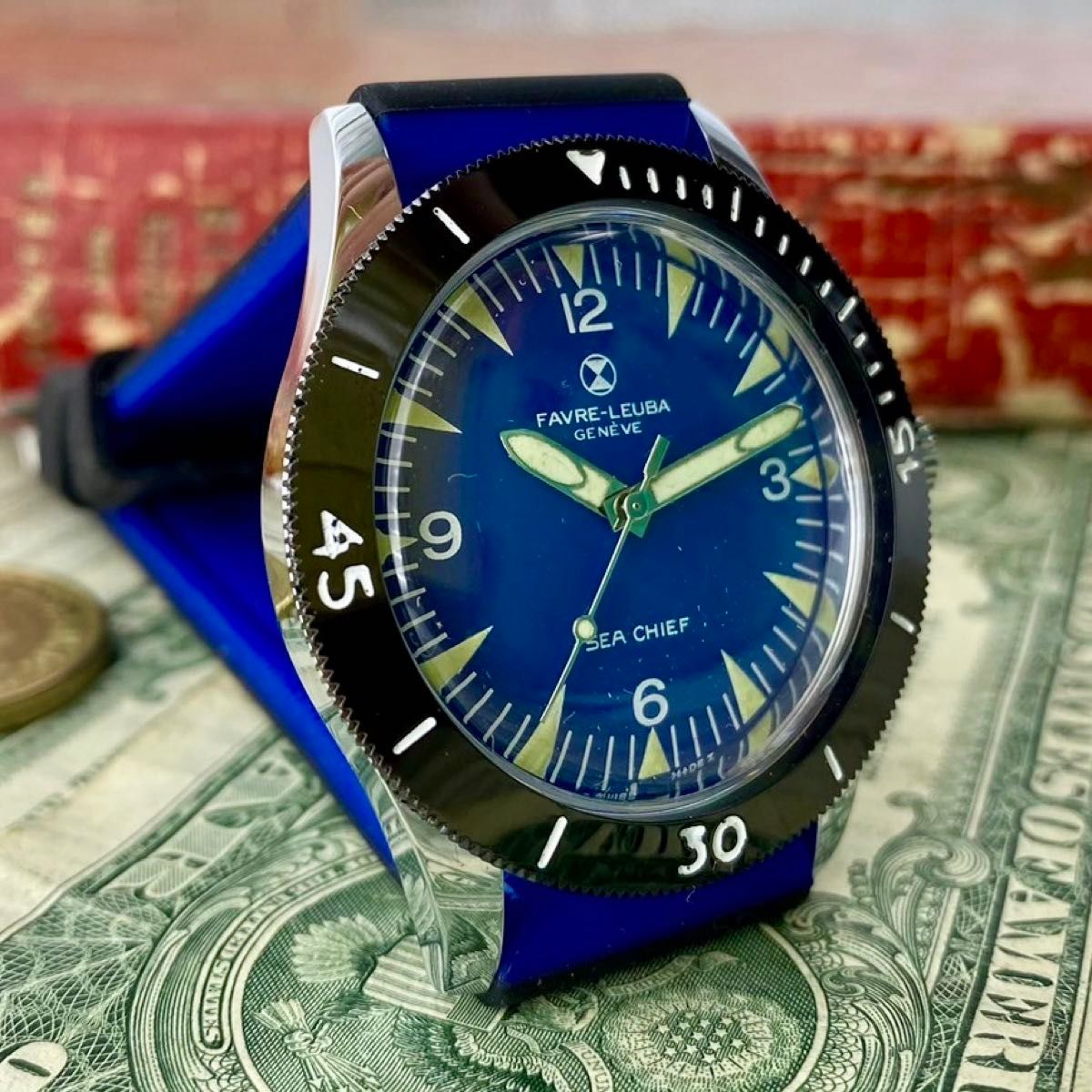 【個性的デザイン】ファーブルルーバ メンズ腕時計 ブルー 手巻き ヴィンテージ