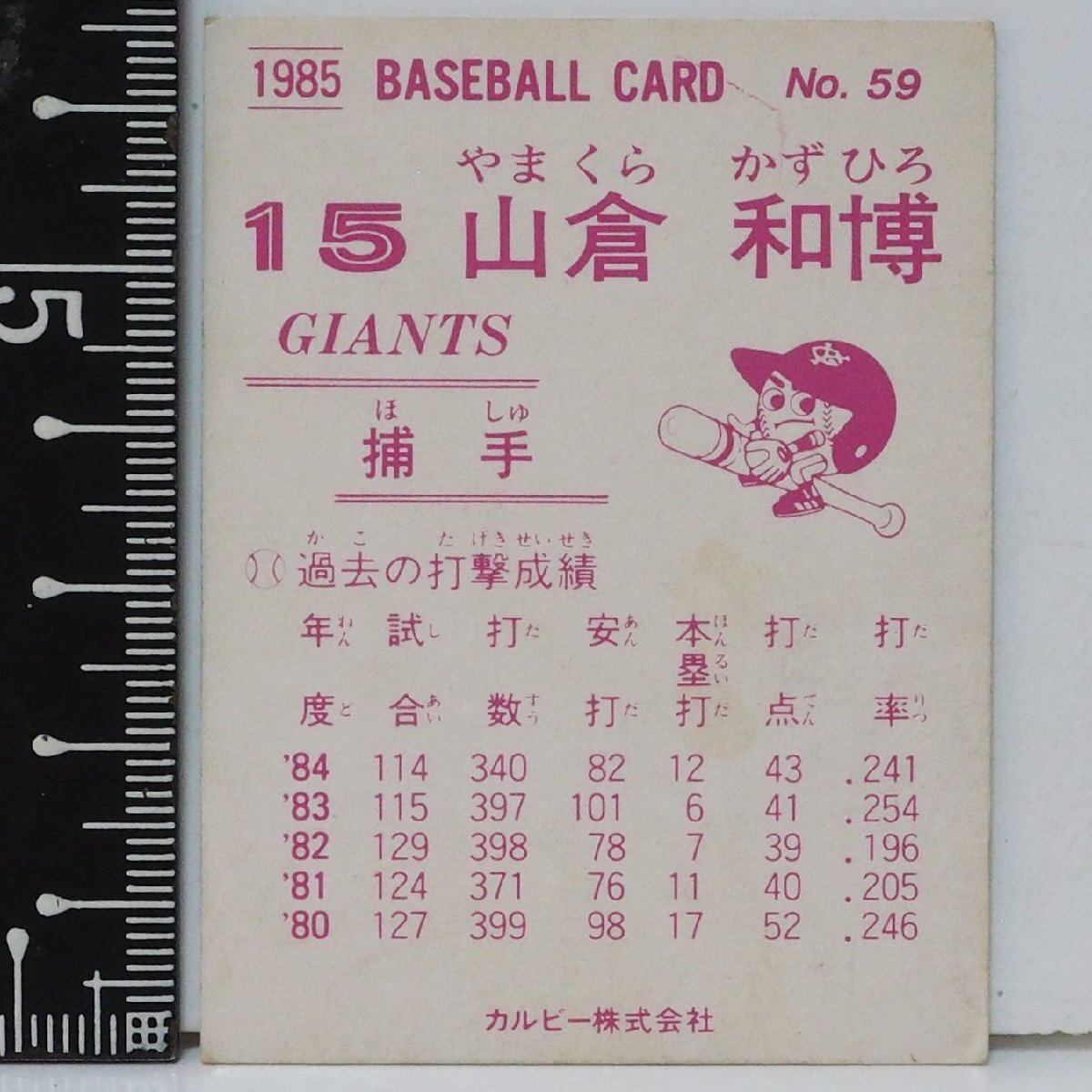 85年 カルビー プロ野球カード No.59【山倉 和博 捕手 読売ジャイアンツ巨人】昭和60年 1985年 当時物 Calbee おまけ 食玩 BASEBALL中古_画像2