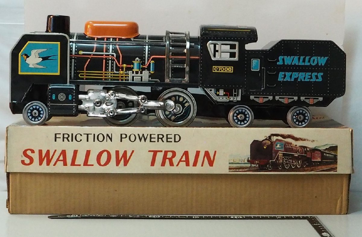 DAIYA【FRICTION POWERD SWALLOW TRAIN スワーロートレイン 蒸気機関車 深緑 動作確認済】当時物ブリキ玩具TIN TOY■ダイヤ【箱付】0947_画像２