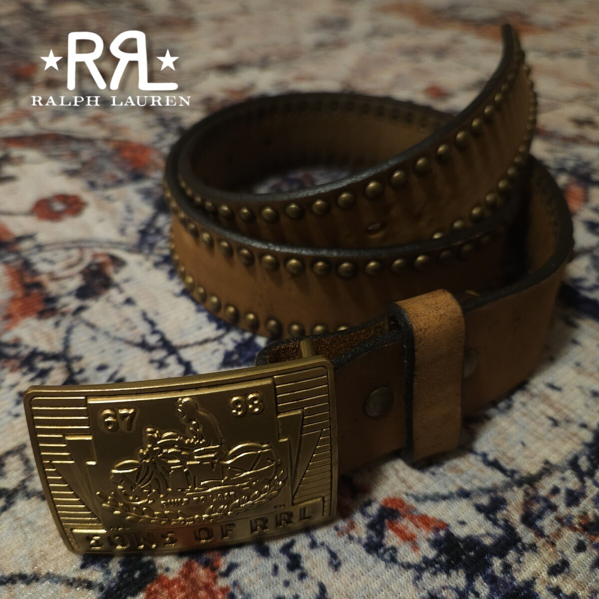 【USA製】 RRL Motor Cycle Studded Leather Belt 【32】 モーターサイクル スタッズ レザー ベルト 牛革 真鍮 Ralph Lauren 全盛期逸品の画像1