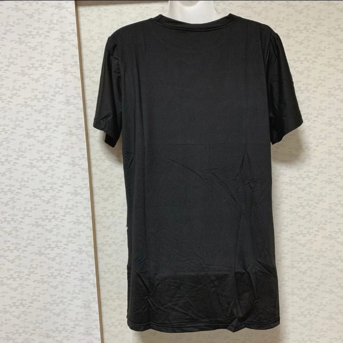 2XL 黒 ブラック ロング丈Tシャツ 半袖 ロンT ゆったり スリット チュニック レディース 英字ロゴ 韓国 シンプル