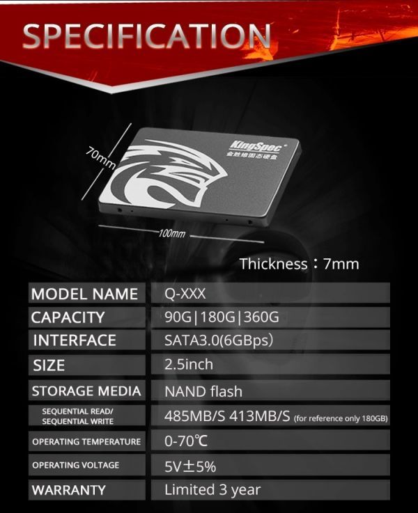 ■新品!!国内対応&90日保証■KingSpec SSD 180GB SATA3/6.0Gbps 内蔵型 2.5インチ 3D 高速 NAND 3D QLC PC ノートPC DE018_画像6