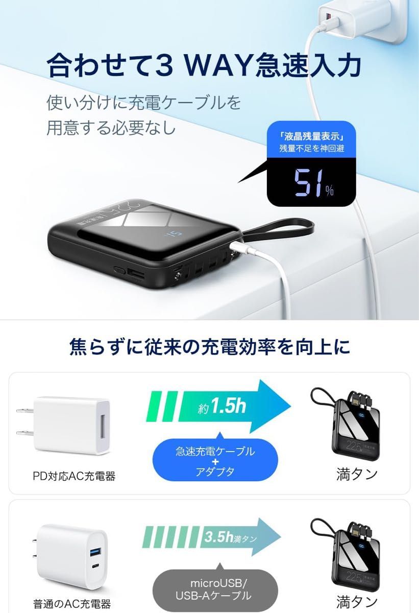 モバイルバッテリー 大容量 22800mAh 小型 軽量 ケーブル内蔵 急速 黒 PSE認証 急速充電 