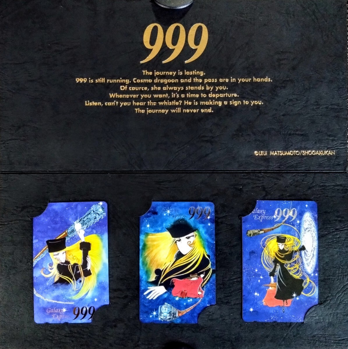 希少・テレカ「銀河鉄道９９９/テレカ３枚set」松本零士:絵.発行:小学館.５０度×３枚.台紙付き:サイズ255×128mm_画像1