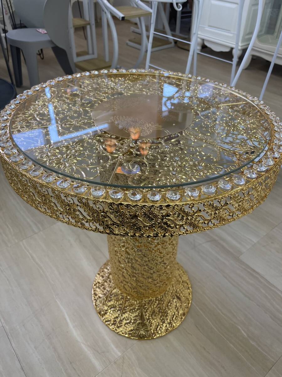 金の開運テーブル　コーヒーテーブル　ガラス　アンティーク　ゴールド　JS-643　サイドテーブル　飾り台　飾り棚　インテリア　金　風水
