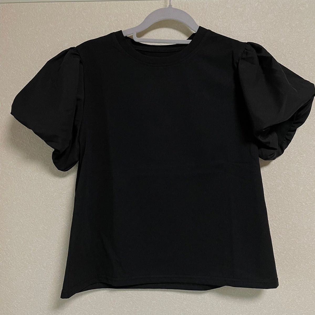 Tシャツ　半袖　バルーン　レディース　パフスリーブ　綿　ボリューム袖　無地  ブラウス カットソー　黒