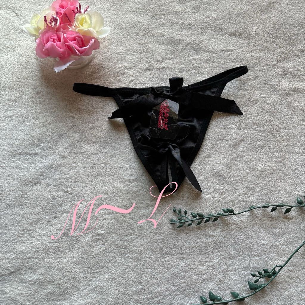 新品 可愛い ブラック サテン リボン 穴あき Tバック 誘惑 可憐 花柄 下着 ランジェリー の画像1