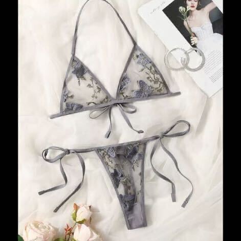 新品 Lサイズ　豪華　グレー　高級感　sexy シースルー ホルターネック 上下セット ブラセット　Tバック ランジェリー レディース下着_画像1