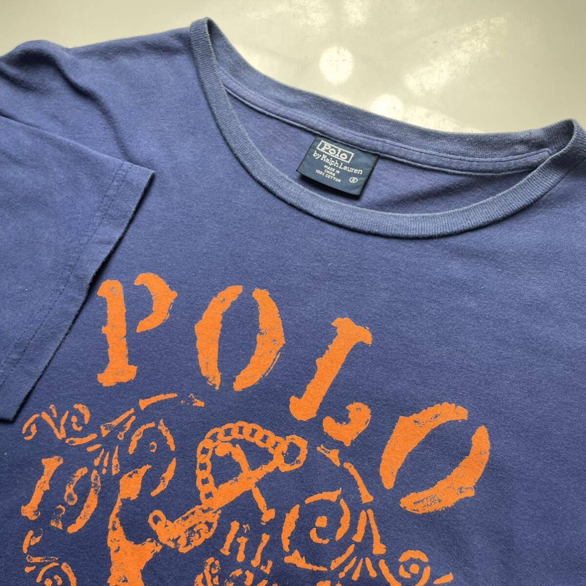 90s USA企画 Polo by Ralph Lauren オールド Tシャツ　　90年代 ポロバイラルフローレン 染み込みプリント 半袖 1967 フェード ネイビー_画像6