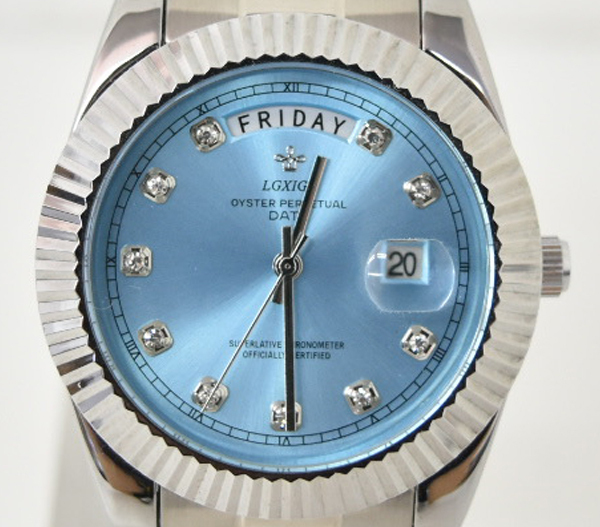 【1円スタート】 LGXIGE 腕時計 ターコイズブルー カレンダー機能 ステンレス シルバー メンズ 時計 ブルー オイスターパーペチュアル _画像1