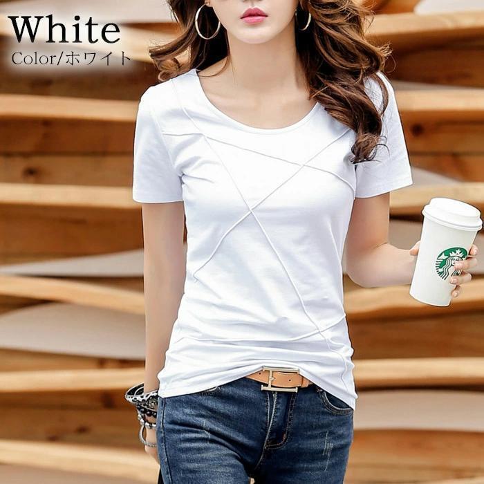 L ラウンドネック 半袖 デザイン Tシャツ 白 シンプル スタイル美 クール カットソー かっこいい 1枚できまる 新品_画像2