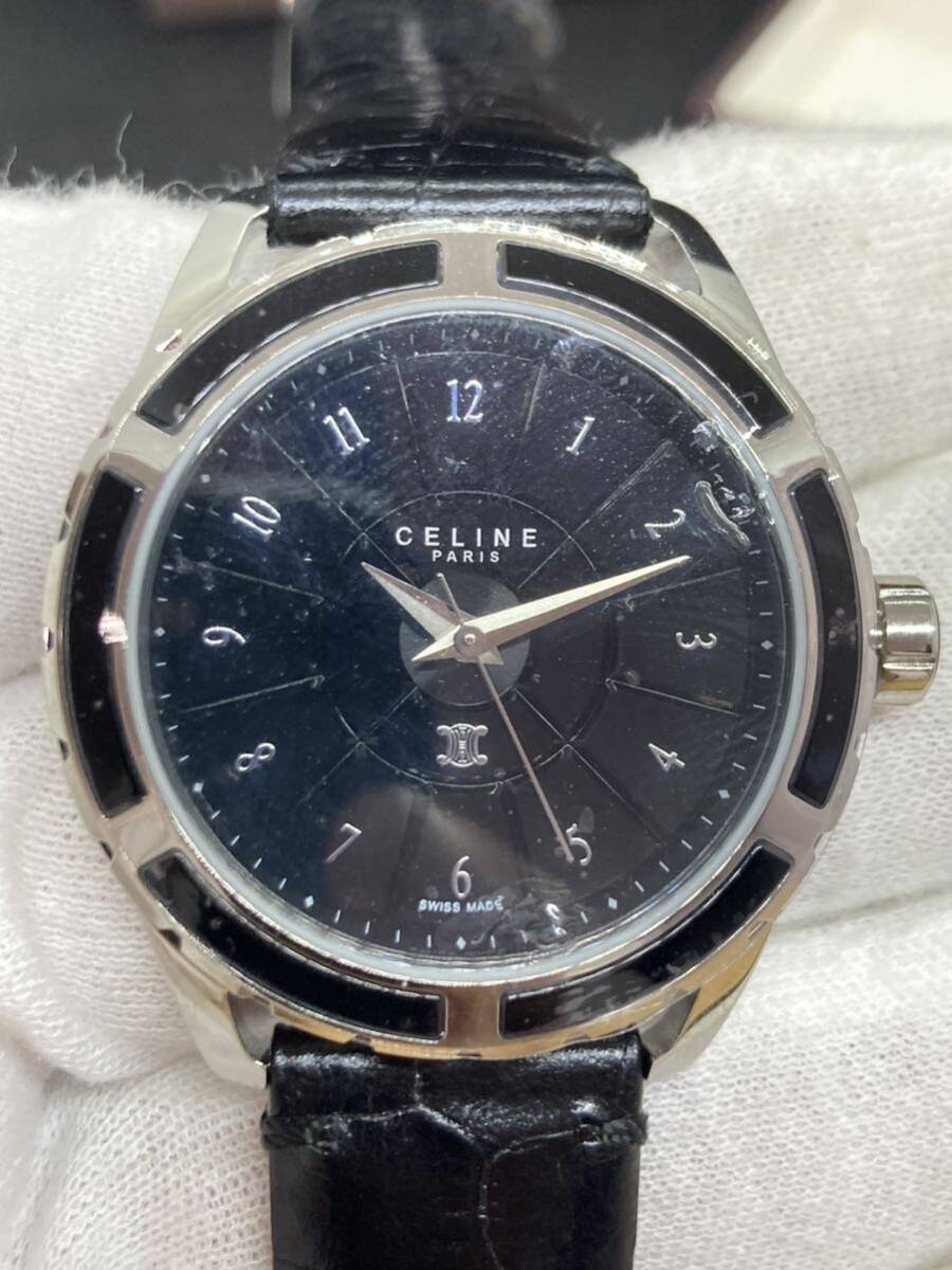 未使用【1円〜】CELINE セリーヌ 腕時計 メンズ ブラック文字盤 ゴールド 30M/100FT ラウンドフェイス_画像2