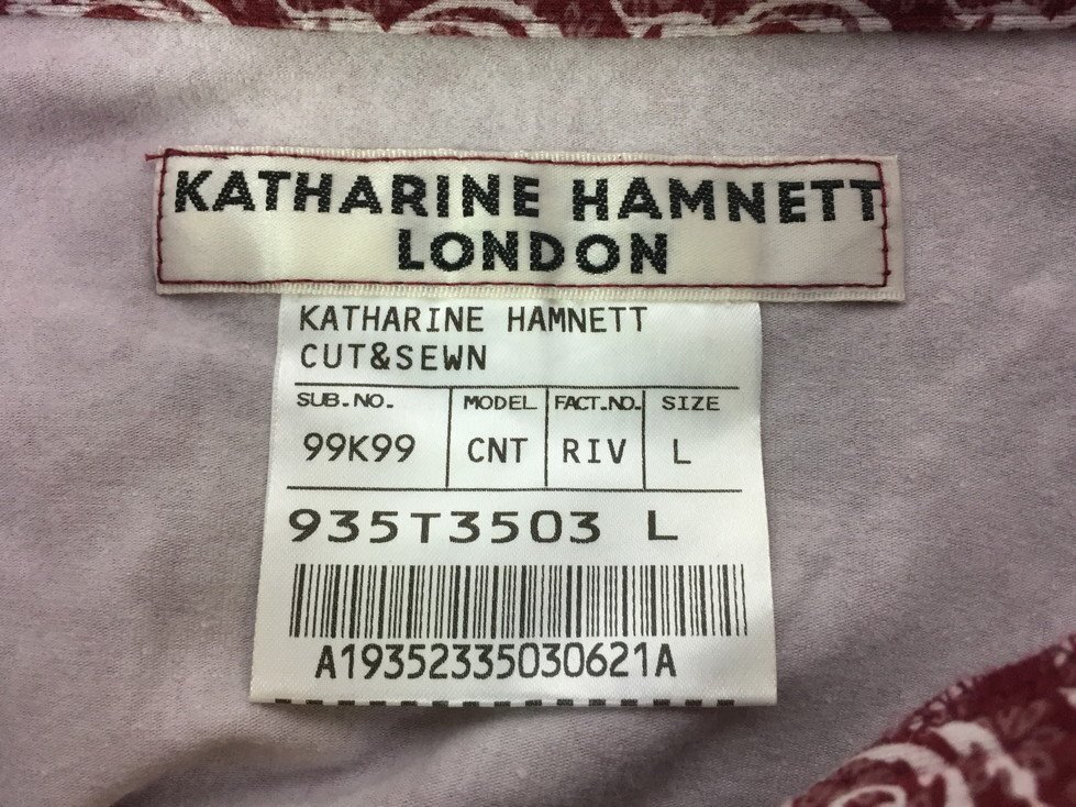 90s 00s Katharine Hamnett キャサリンハムネット 日本製 総柄 プルオーバー 長袖シャツ サイズ：L カラー：レッド/ホワイト_画像5